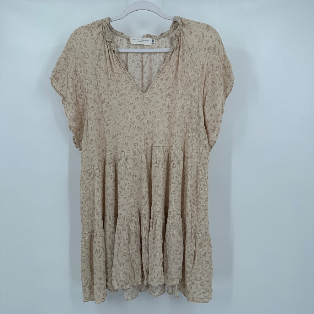 Womens Cottagecore Boho Tiered Midi Dress Sz S Floral Poet Silhouette Soft Cream